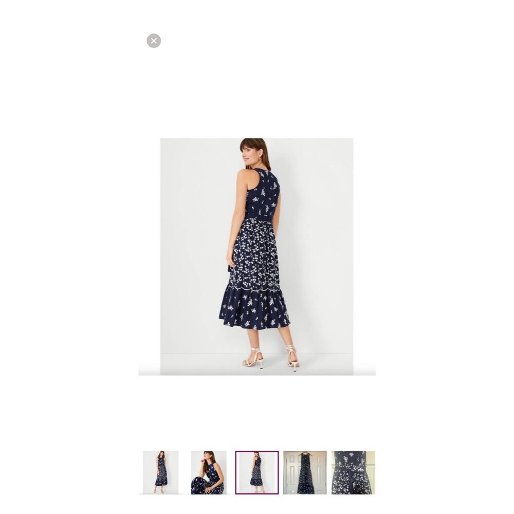 Ann Taylor Size 10P Navy Blue Floral Embroidered Midi Dress 100% Cotton Cottage - Picture 4 of 16
